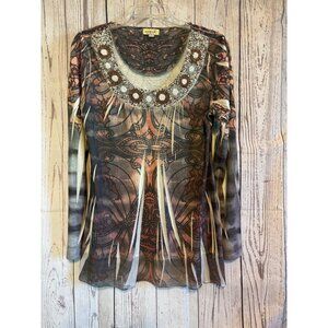 One World Black & Brown BOHO Top Shirt Beaded Design on Neck Size Large